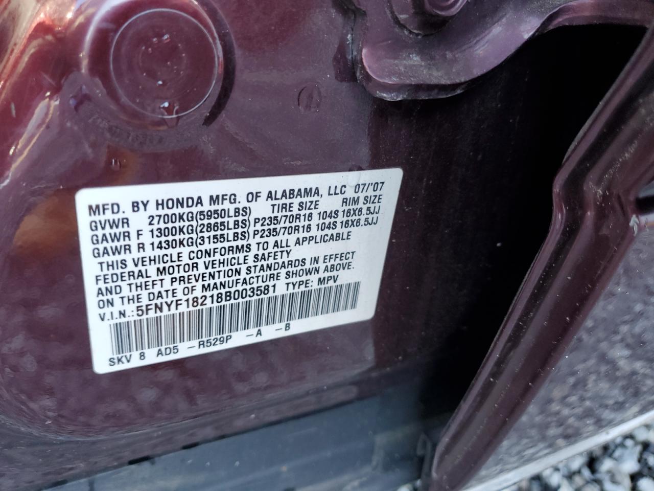 2008 Honda Pilot Vp VIN: 5FNYF18218B003581 Lot: 81304015
