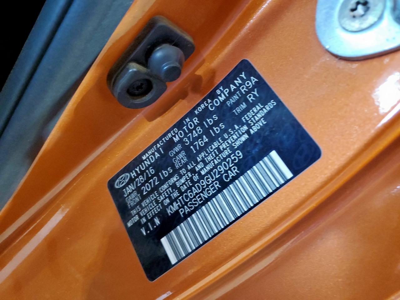 2016 Hyundai Veloster VIN: KMHTC6AD9GU290259 Lot: 71255265