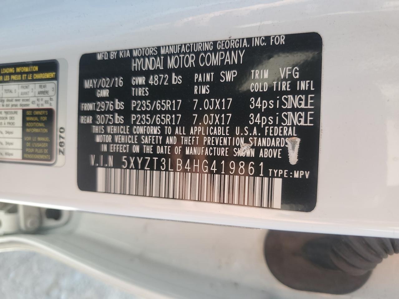 2017 Hyundai Santa Fe Sport VIN: 5XYZT3LB4HG419861 Lot: 83993215