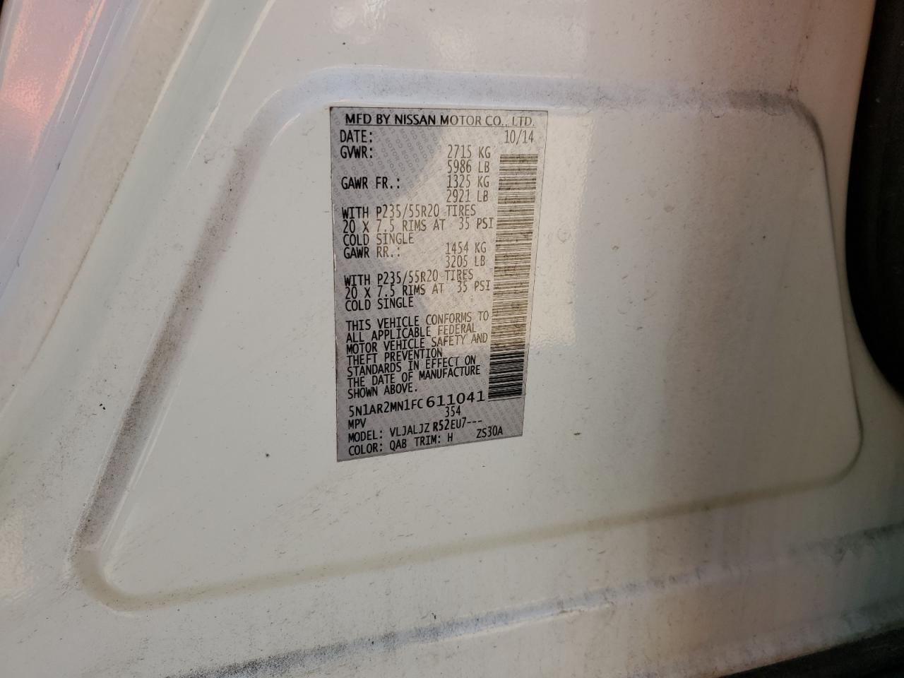 2015 Nissan Pathfinder S VIN: 5N1AR2MN1FC611041 Lot: 80826115