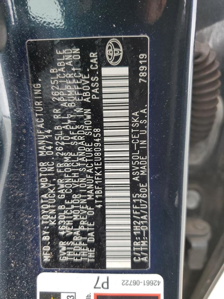 2014 Toyota Camry L VIN: 4T1BF1FK1EU809458 Lot: 84463285