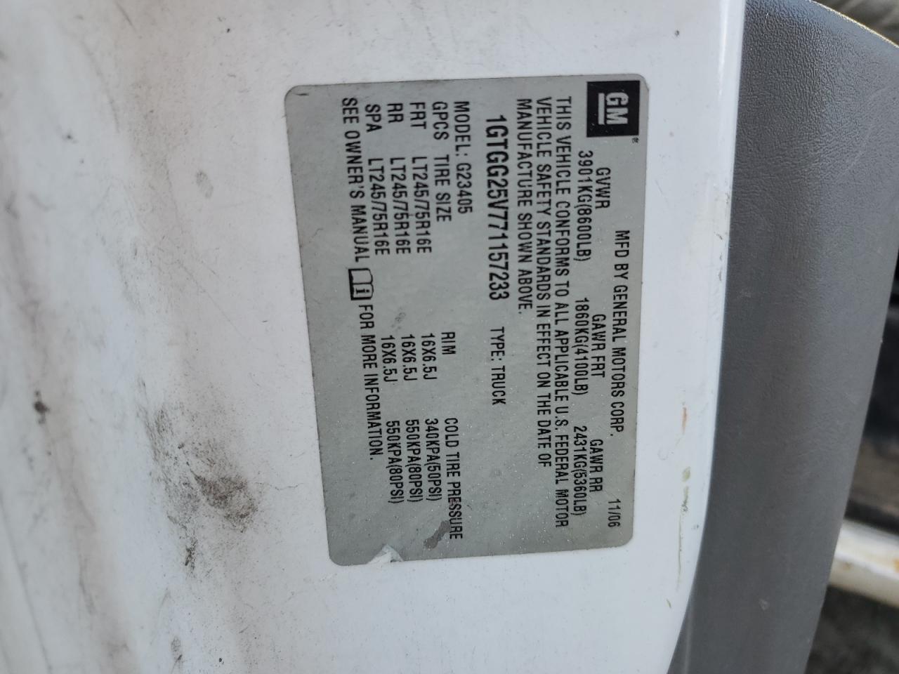 2007 GMC Savana G2500 VIN: 1GTGG25V771157233 Lot: 84585645