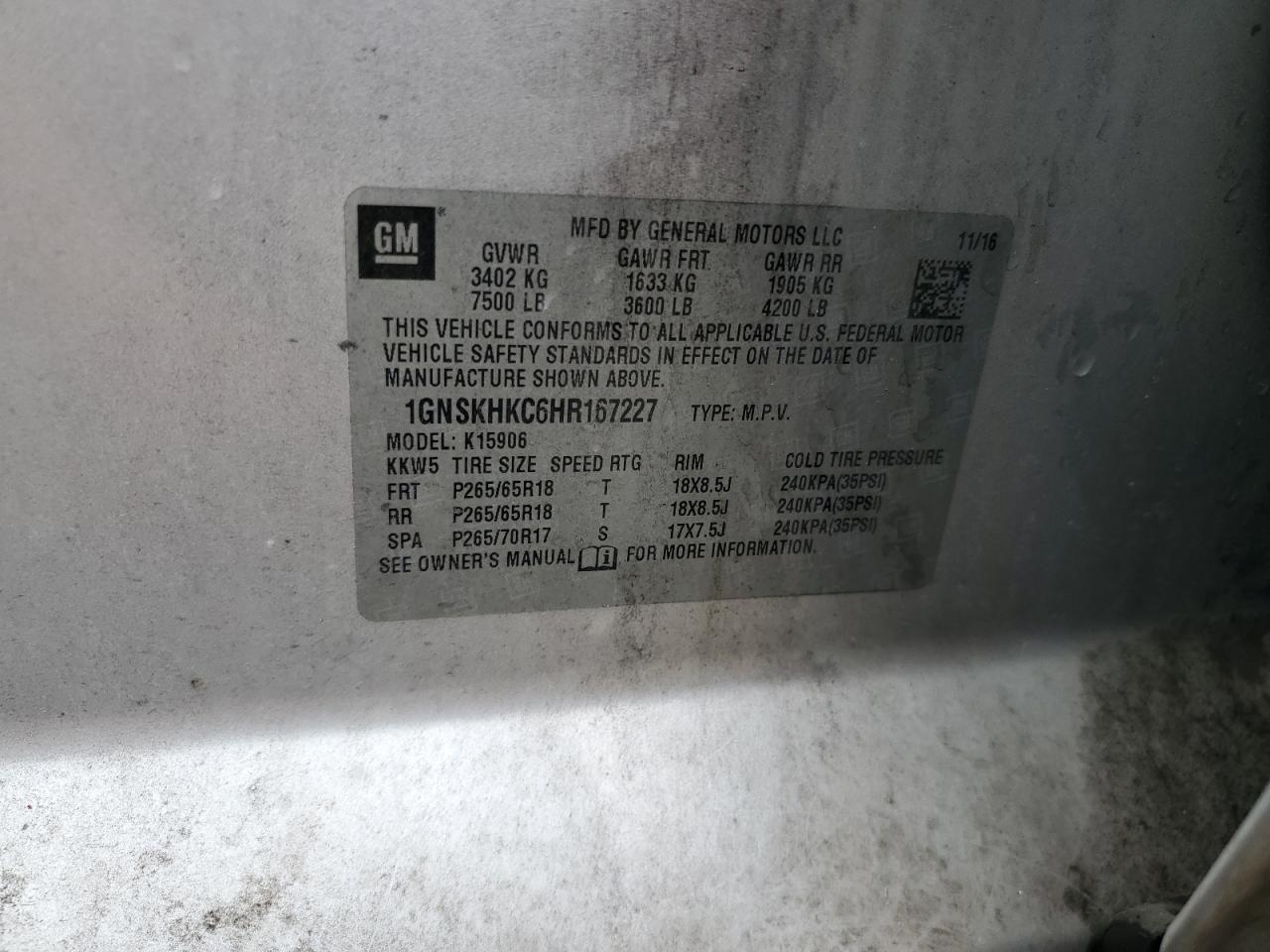 2017 Chevrolet Suburban K1500 Lt VIN: 1GNSKHKC6HR167227 Lot: 93360035