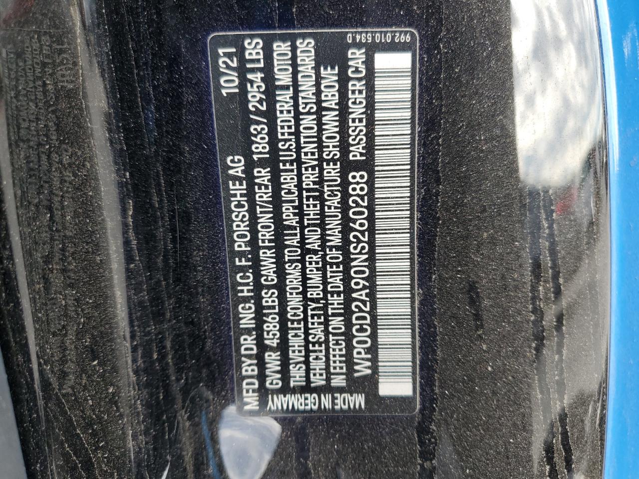 2022 Porsche 911 Turbo VIN: WP0CD2A90NS260288 Lot: 82131305