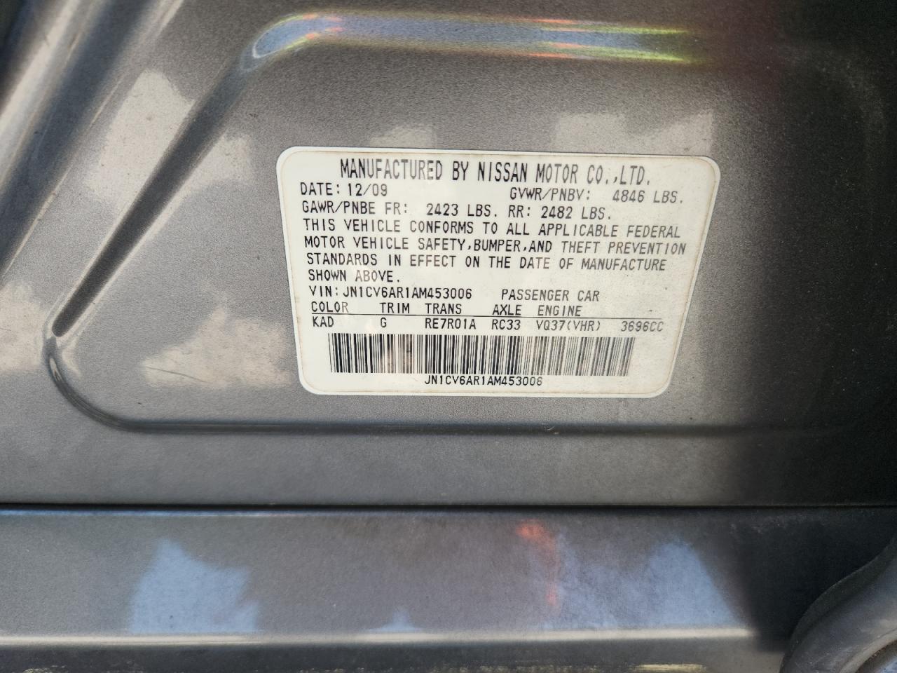 2010 Infiniti G37 VIN: JN1CV6AR1AM453006 Lot: 80937855