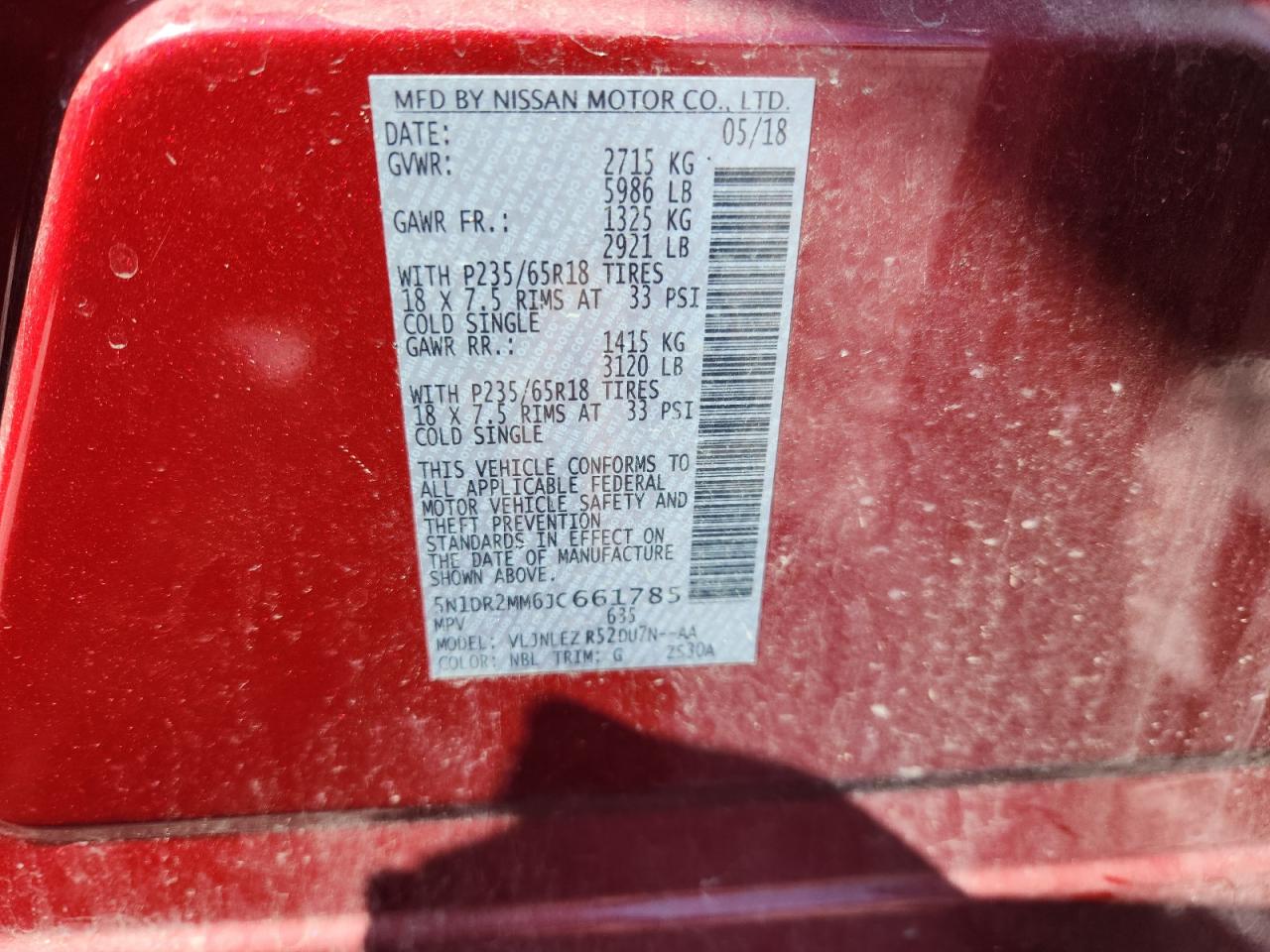 2018 Nissan Pathfinder S VIN: 5N1DR2MM6JC661785 Lot: 71868725