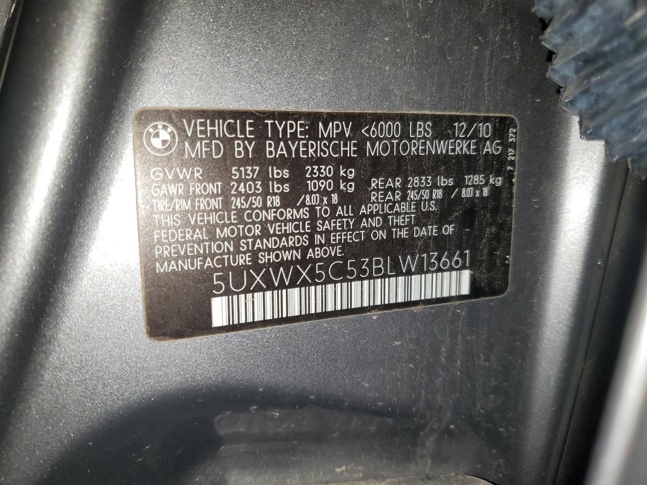 2011 BMW X3 xDrive28I VIN: 5UXWX5C53BLW13661 Lot: 80137785