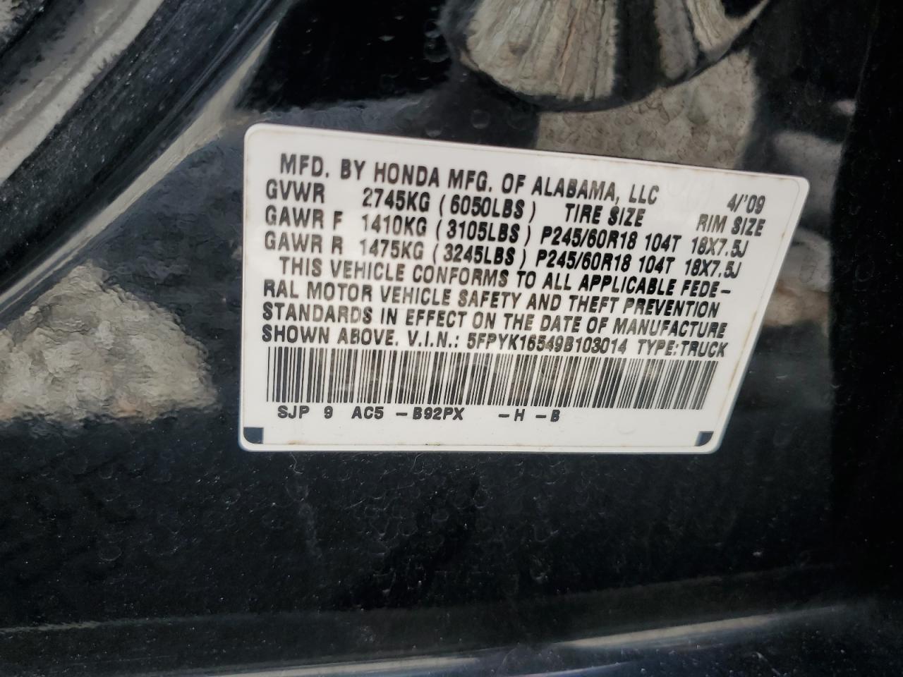 2009 Honda Ridgeline Rtl VIN: 5FPYK16549B103014 Lot: 80687515