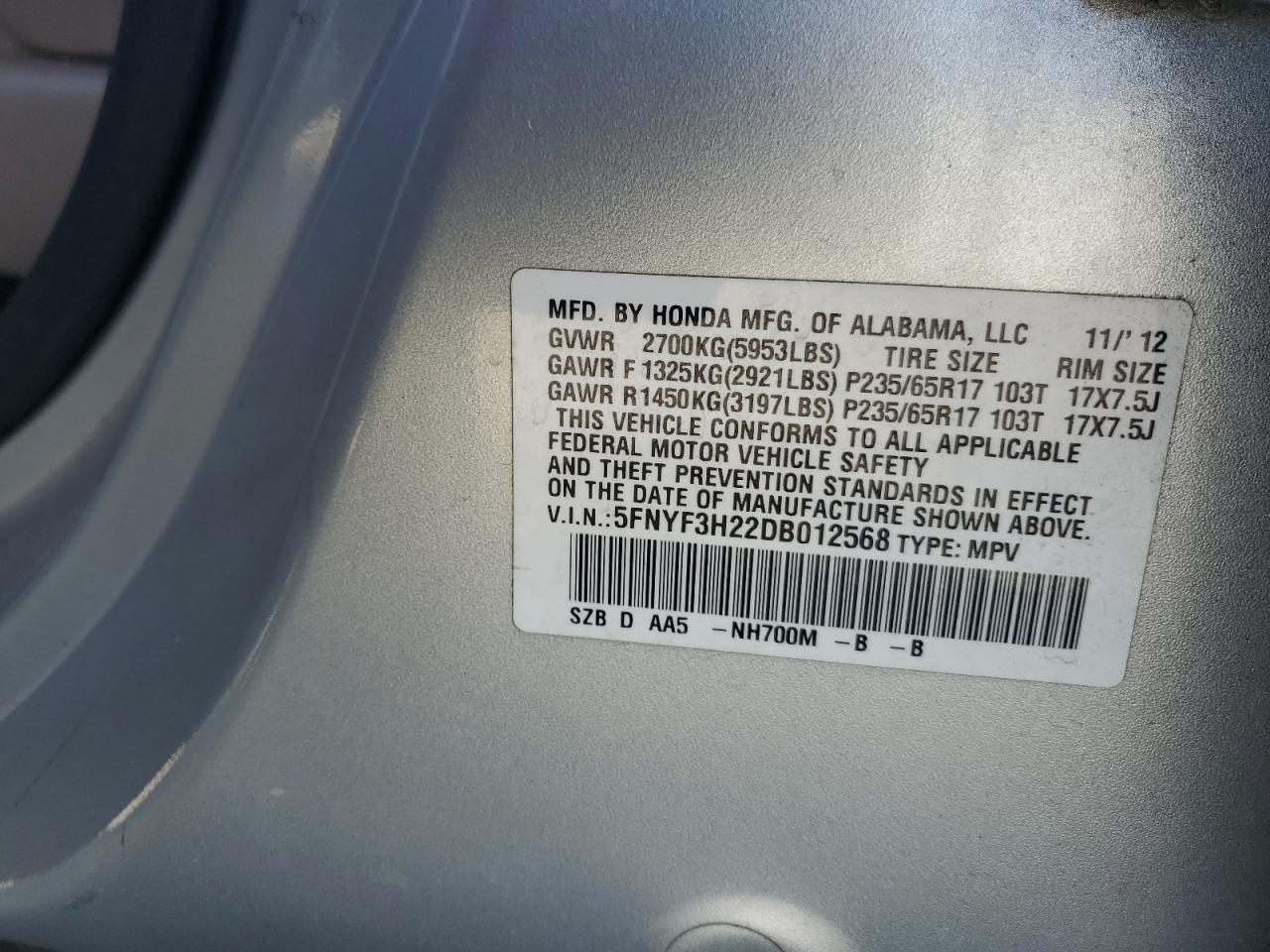 2013 Honda Pilot Lx VIN: 5FNYF3H22DB012568 Lot: 83769315