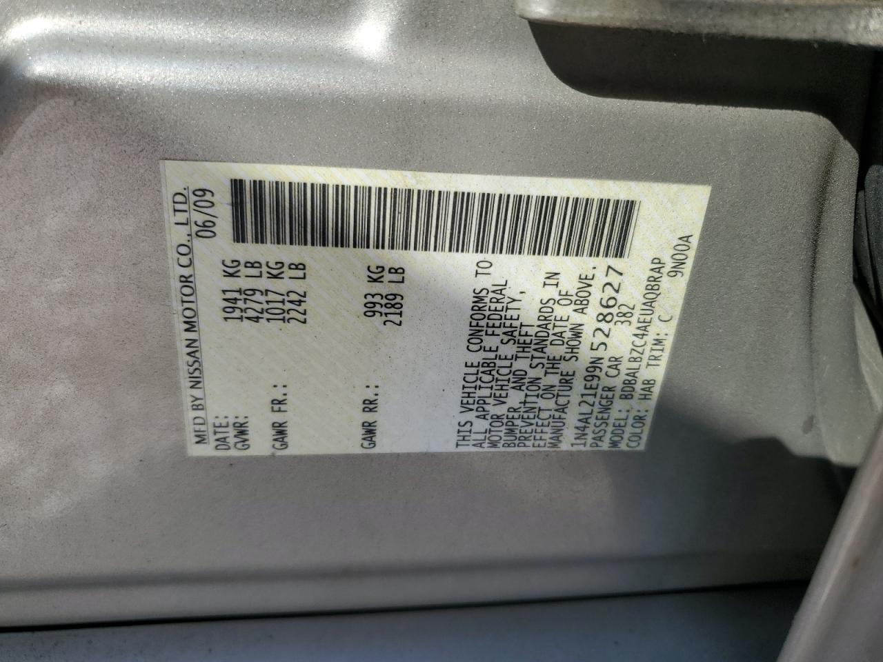 2009 Nissan Altima 2.5 VIN: 1N4AL21E99N528627 Lot: 71995155