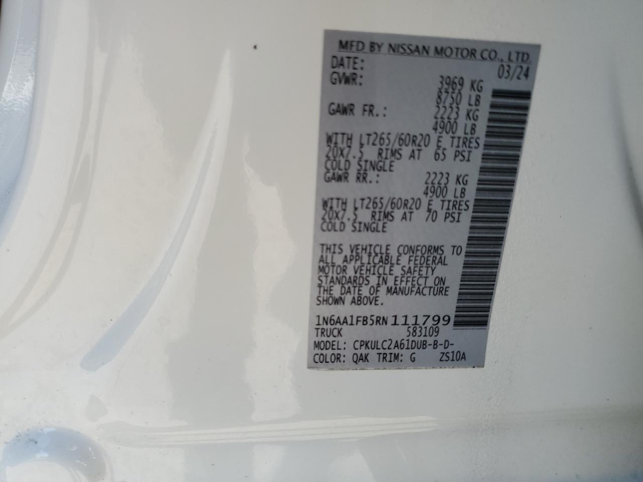 2024 Nissan Titan Xd Sv VIN: 1N6AA1FB5RN111799 Lot: 71862195