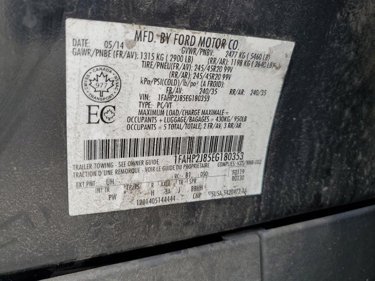 2014 Ford Taurus Limited VIN: 1FAHP2J85EG180353 Lot: 80998195