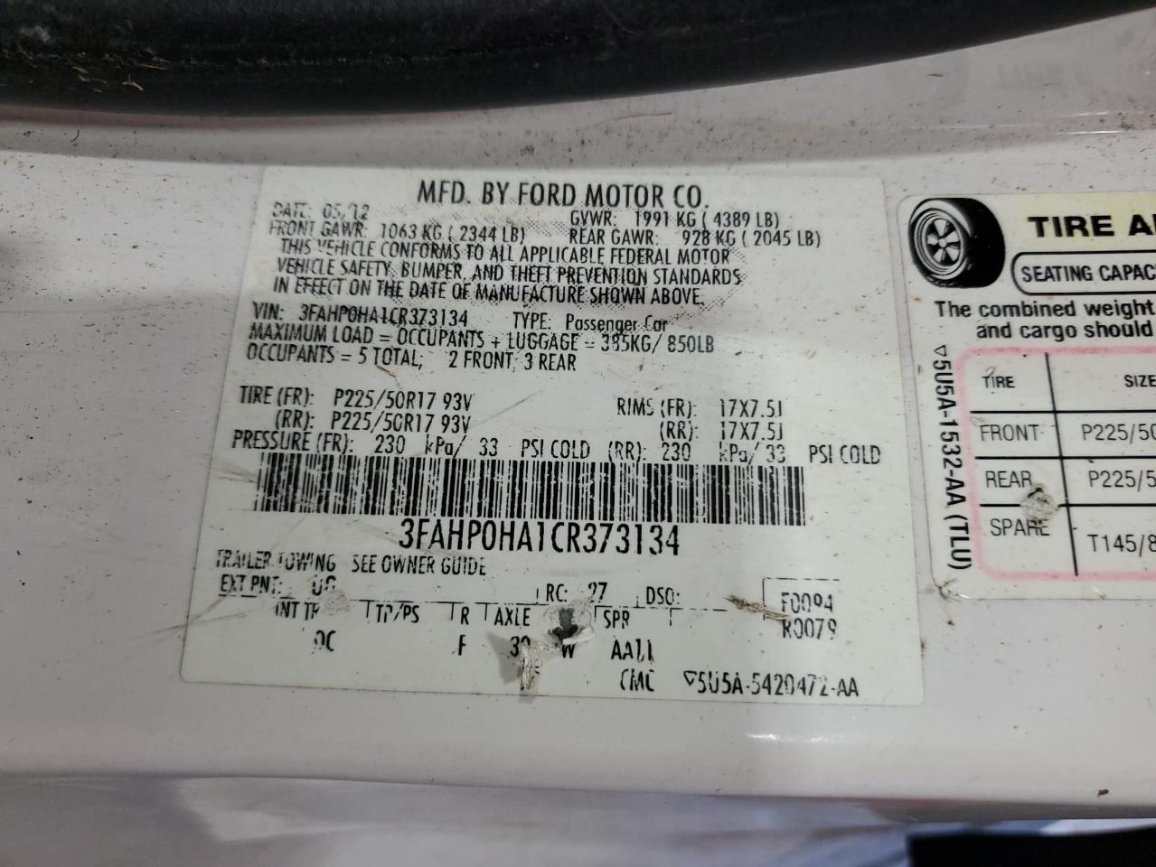 2012 Ford Fusion Se VIN: 3FAHP0HA1CR373134 Lot: 81013385