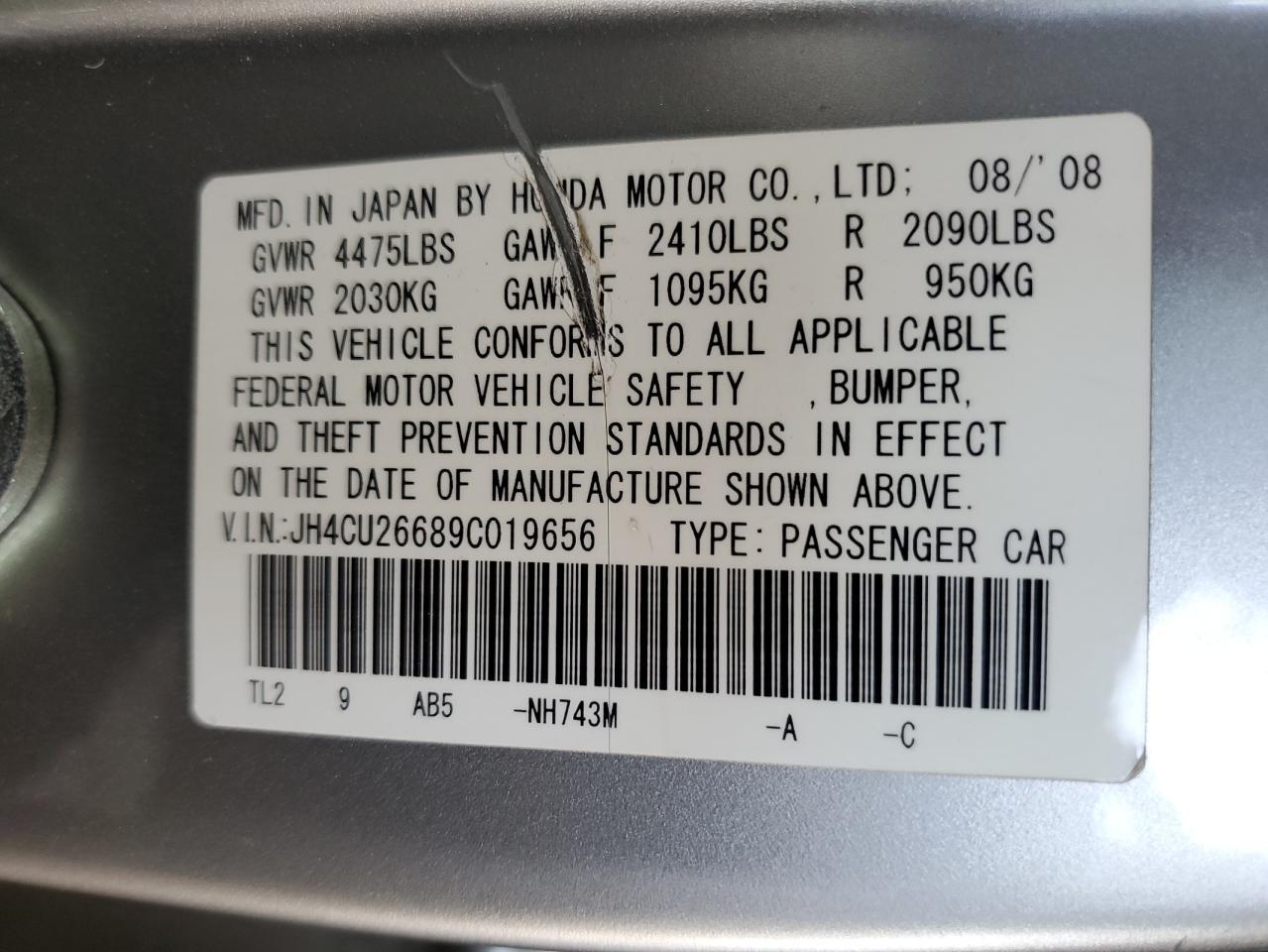 2009 Acura Tsx VIN: JH4CU26689C019656 Lot: 81304855