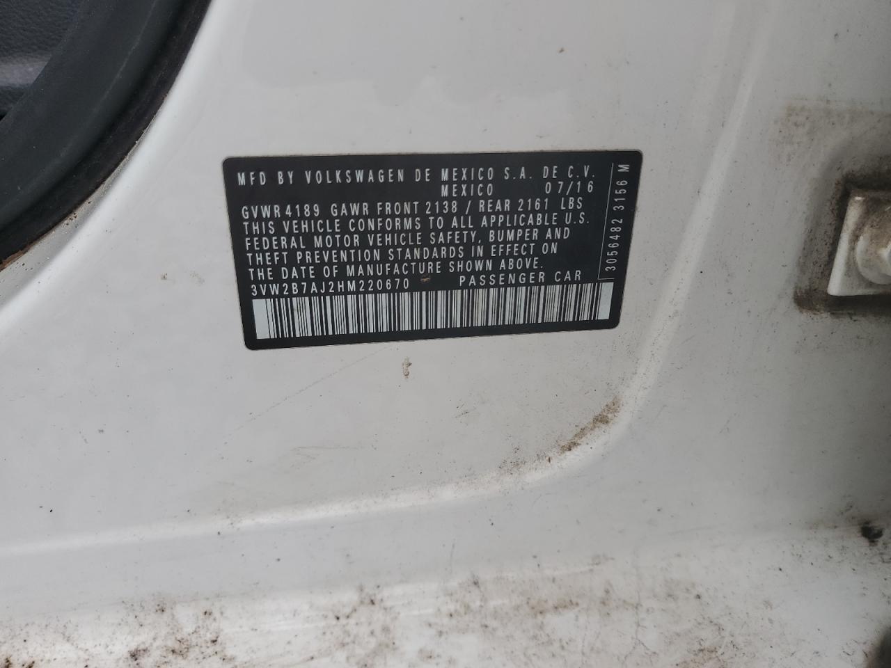 2017 Volkswagen Jetta S VIN: 3VW2B7AJ2HM220670 Lot: 81823135