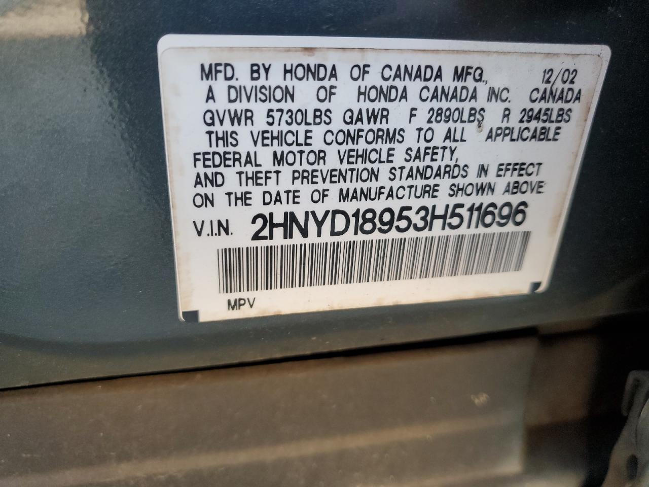 2003 Acura Mdx Touring VIN: 2HNYD18953H511696 Lot: 80120365