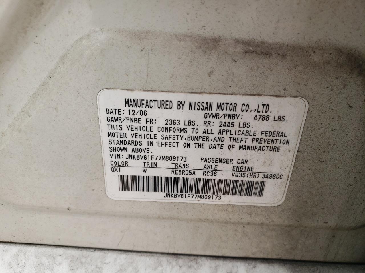 2007 Infiniti G35 VIN: JNKBV61F77M809173 Lot: 80851025