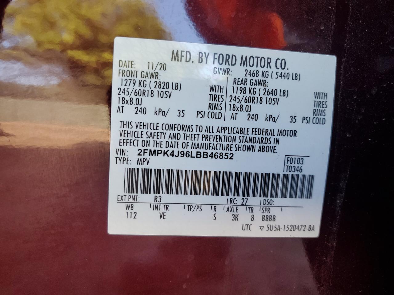 2020 Ford Edge Sel VIN: 2FMPK4J96LBB46852 Lot: 81398845