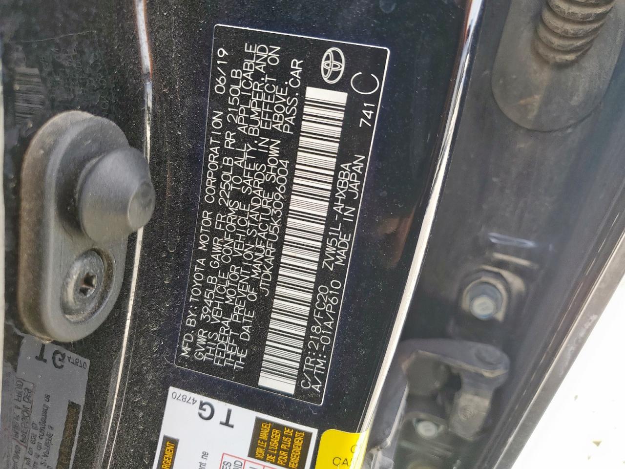 2019 Toyota Prius VIN: JTDKARFU5K3096004 Lot: 84061025