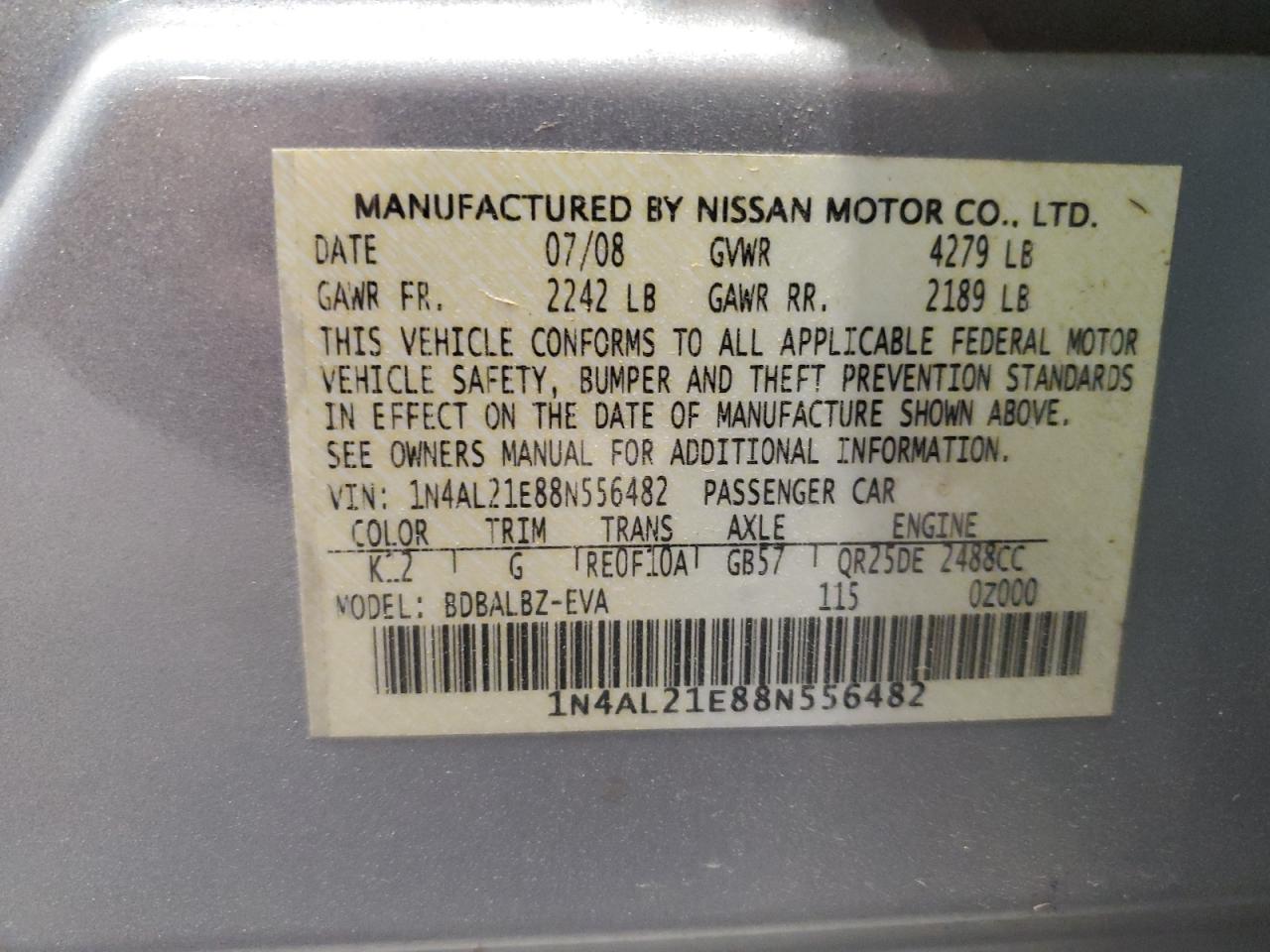 2008 Nissan Altima 2.5 VIN: 1N4AL21E88N556482 Lot: 84445225