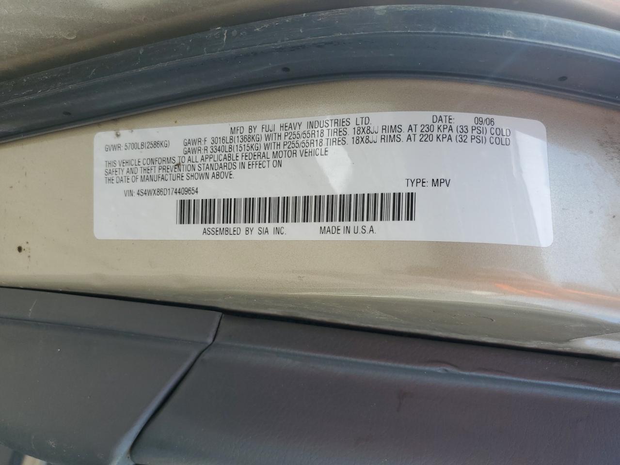 2007 Subaru B9 Tribeca 3.0 H6 VIN: 4S4WX86D174409654 Lot: 80538375