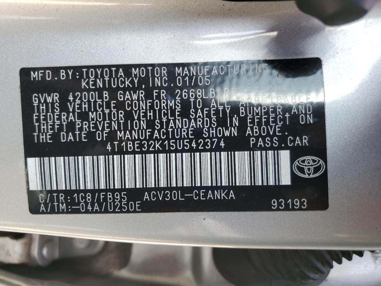 2005 Toyota Camry Le VIN: 4T1BE32K15U542374 Lot: 71980375