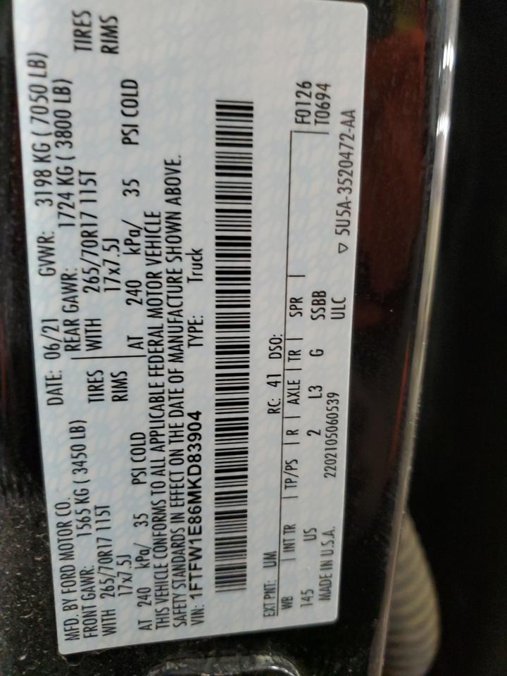 2021 Ford F150 Supercrew VIN: 1FTFW1E86MKD83904 Lot: 84421705