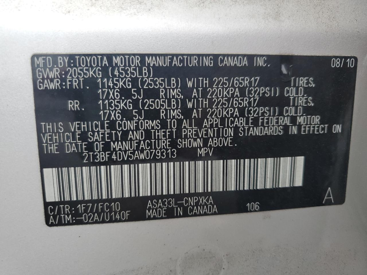 2010 Toyota Rav4 VIN: 2T3BF4DV5AW079313 Lot: 84428505