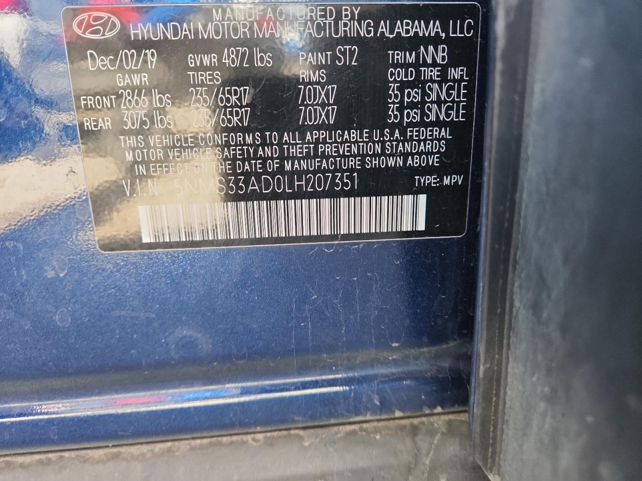 2020 Hyundai Santa Fe Sel VIN: 5NMS33AD0LH207351 Lot: 80561465