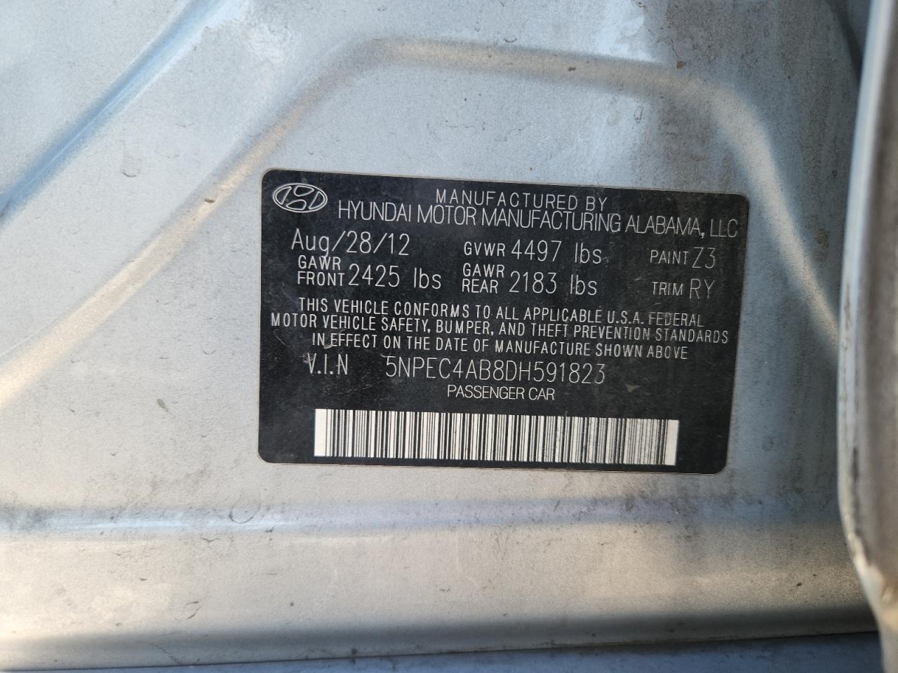 2013 Hyundai Sonata Se VIN: 5NPEC4AB8DH591823 Lot: 80318385