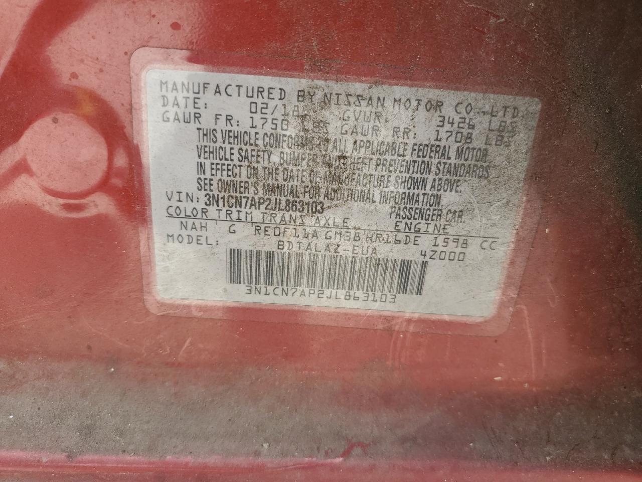 2018 Nissan Versa S VIN: 3N1CN7AP2JL863103 Lot: 71776985