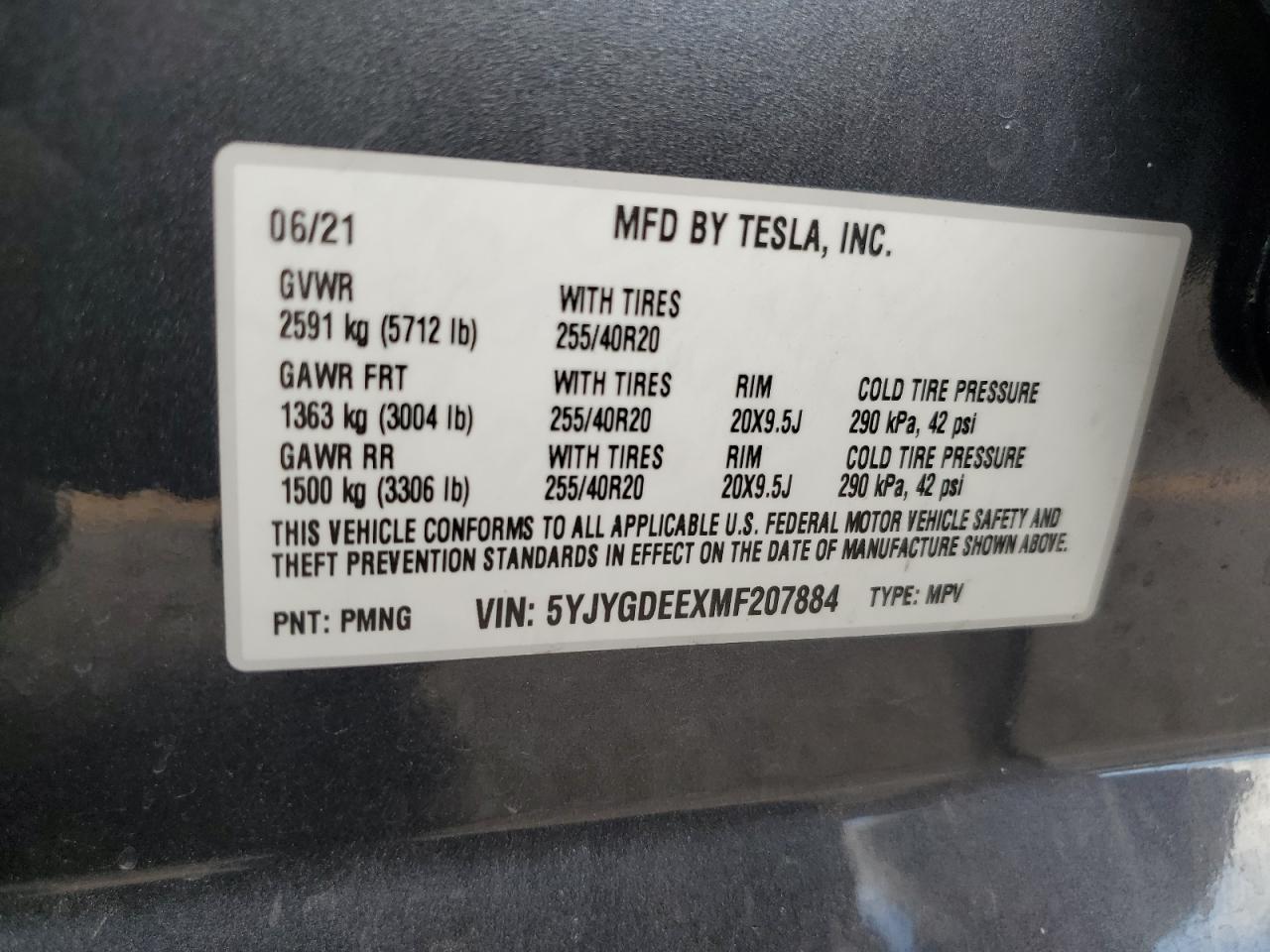 2021 Tesla Model Y VIN: 5YJYGDEEXMF207884 Lot: 84293775
