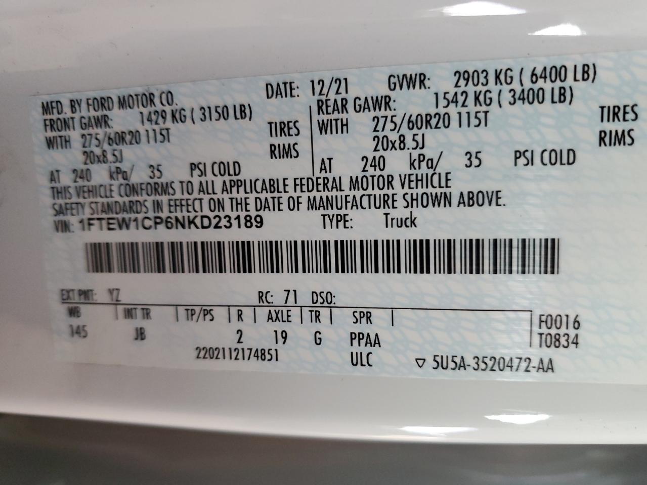 2022 Ford F150 Supercrew VIN: 1FTEW1CP6NKD23189 Lot: 81282415