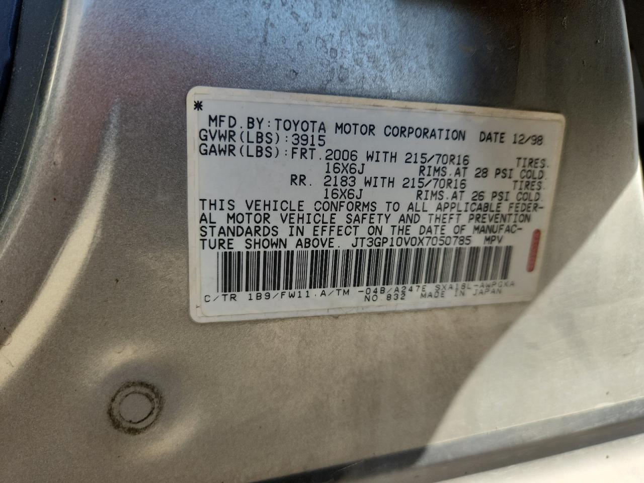 1998 Toyota Rav4 VIN: JT3GP10V0X7050785 Lot: 72032145