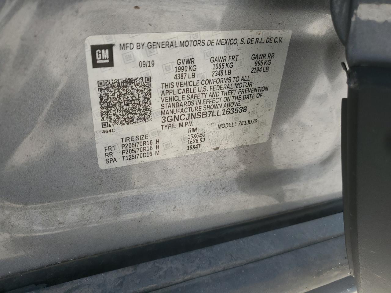 2020 Chevrolet Trax Ls VIN: 3GNCJNSB7LL163538 Lot: 81010265