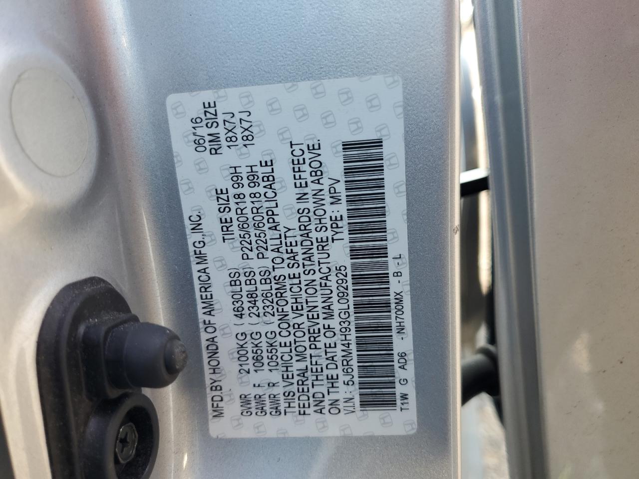 2016 Honda Cr-V Touring VIN: 5J6RM4H93GL092925 Lot: 80799685