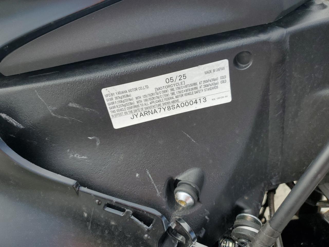 2025 Yamaha Yzf1000 C VIN: JYARNA7Y8SA000413 Lot: 70173975