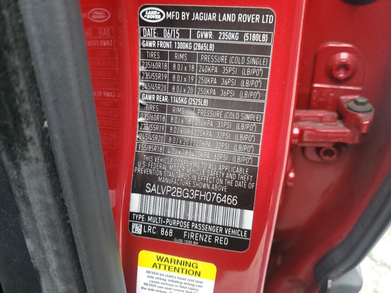 2015 Land Rover Range Rover Evoque Pure Plus VIN: SALVP2BG3FH076466 Lot: 71446985