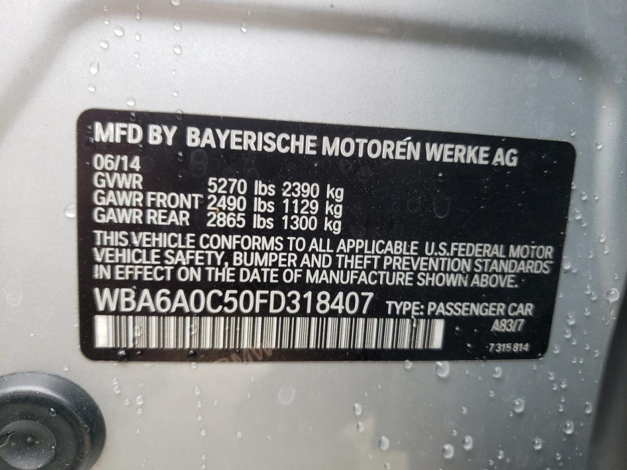 2015 BMW 640 I Gran Coupe VIN: WBA6A0C50FD318407 Lot: 80616615