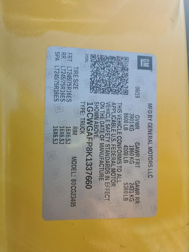 2019 Chevrolet Express G2500 VIN: 1GCWGAFP8K1337660 Lot: 83978885