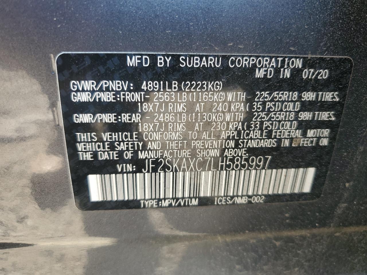 2020 Subaru Forester Touring VIN: JF2SKAXC7LH585997 Lot: 71290585