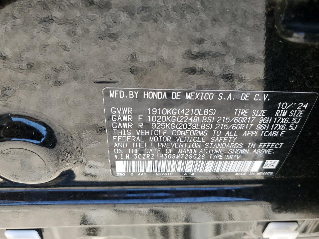 2025 Honda Hr-V Lx VIN: 3CZRZ1H30SM728526 Lot: 71161385