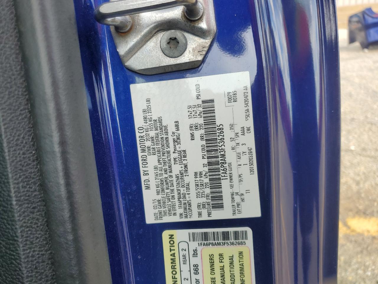 2015 Ford Mustang VIN: 1FA6P8AM3F5362685 Lot: 84782285