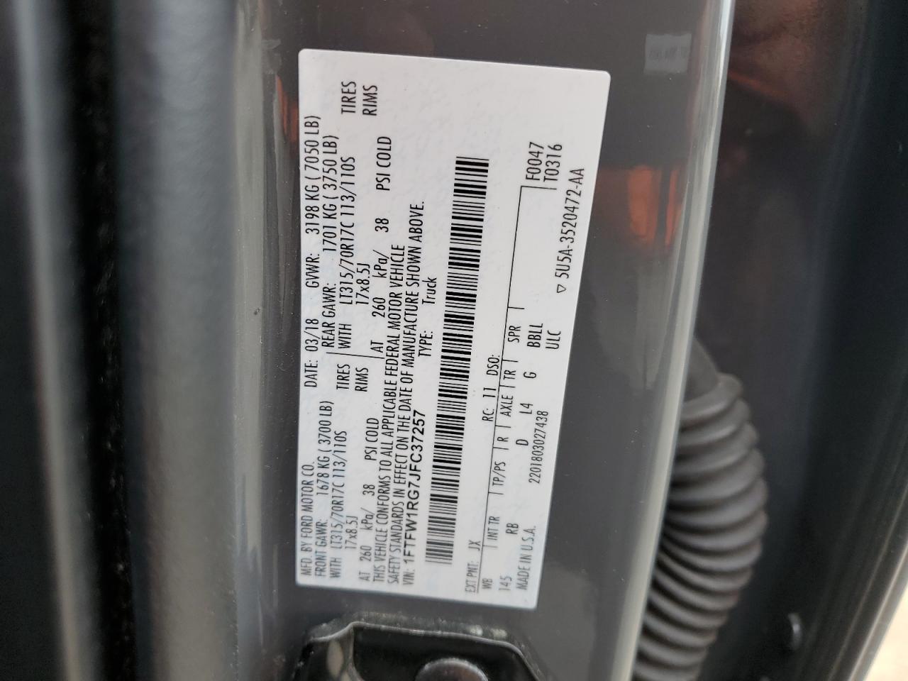 2018 Ford F150 Raptor VIN: 1FTFW1RG7JFC37257 Lot: 80485645