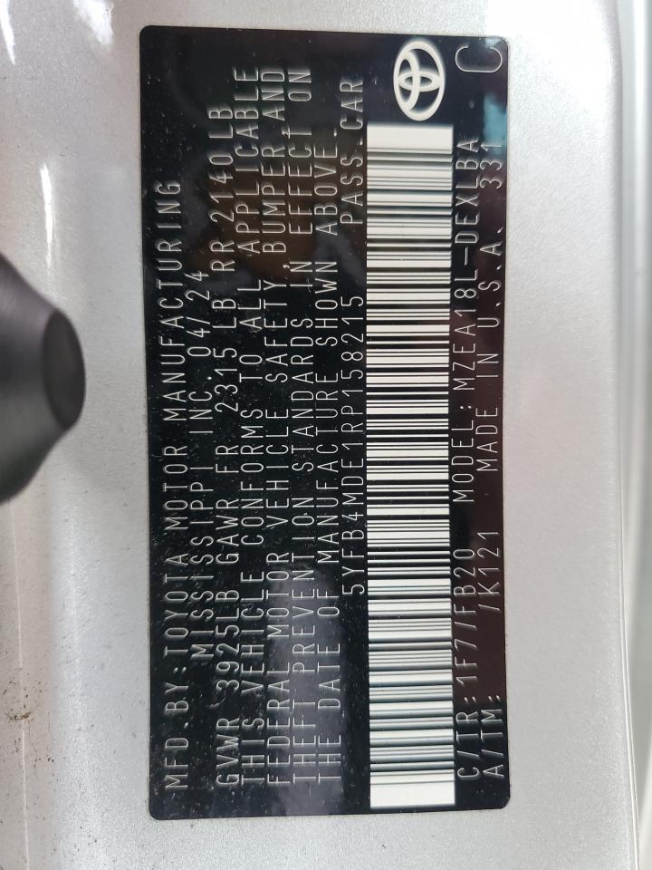 2024 Toyota Corolla Le VIN: 5YFB4MDE1RP158215 Lot: 84186065