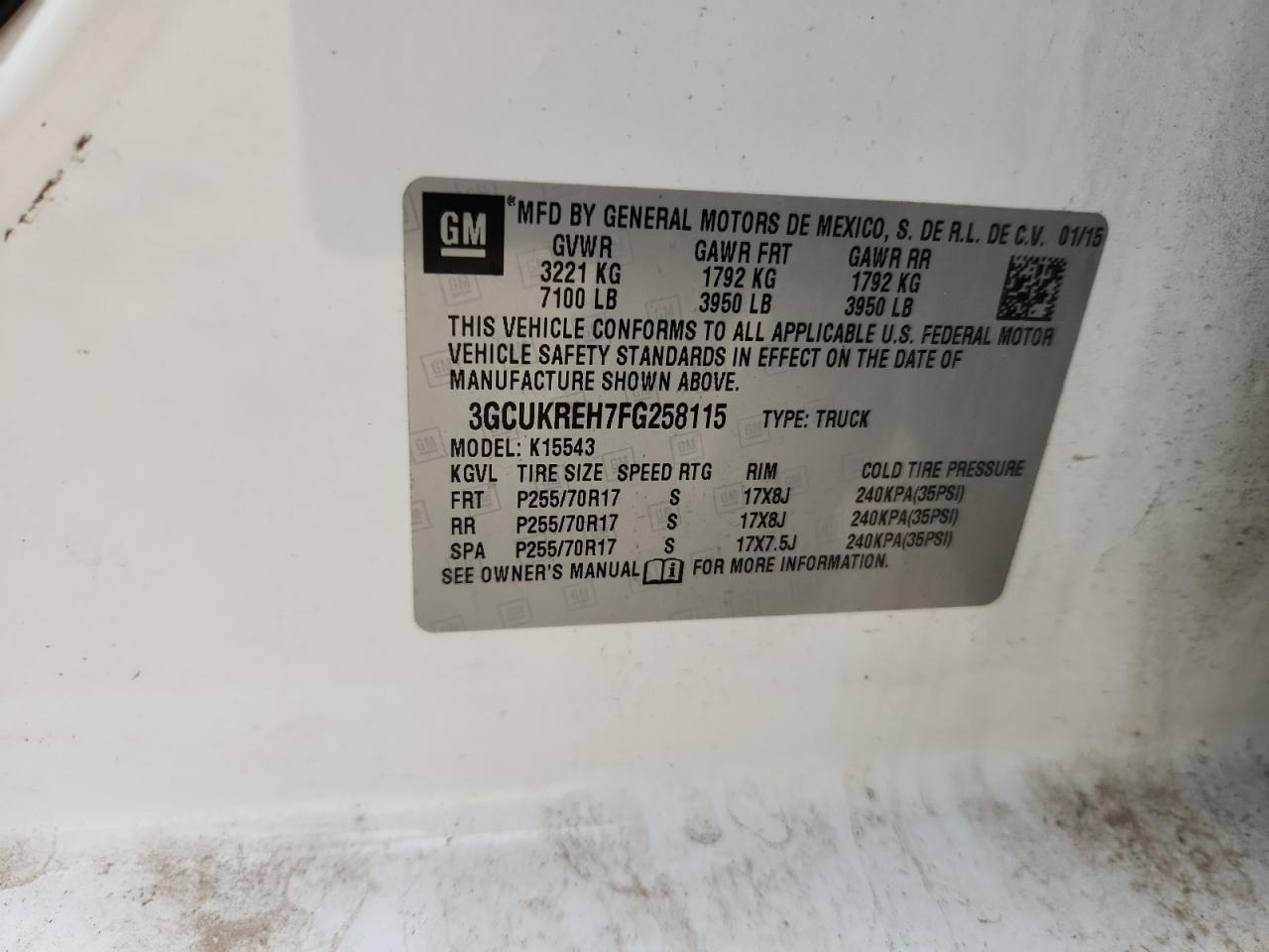 2015 Chevrolet Silverado K1500 Lt VIN: 3GCUKREH7FG258115 Lot: 84216425
