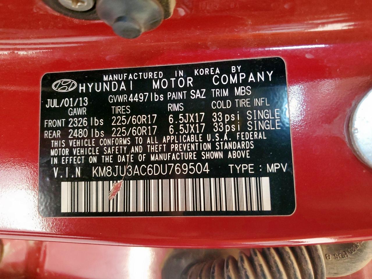 2013 Hyundai Tucson Gls VIN: KM8JU3AC6DU769504 Lot: 80216365