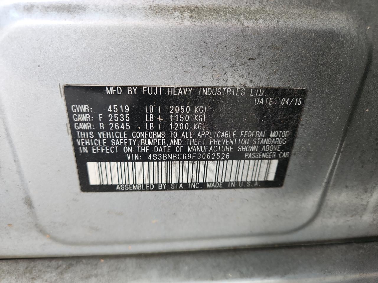 2015 Subaru Legacy 2.5I Premium VIN: 4S3BNBC69F3062526 Lot: 71207555