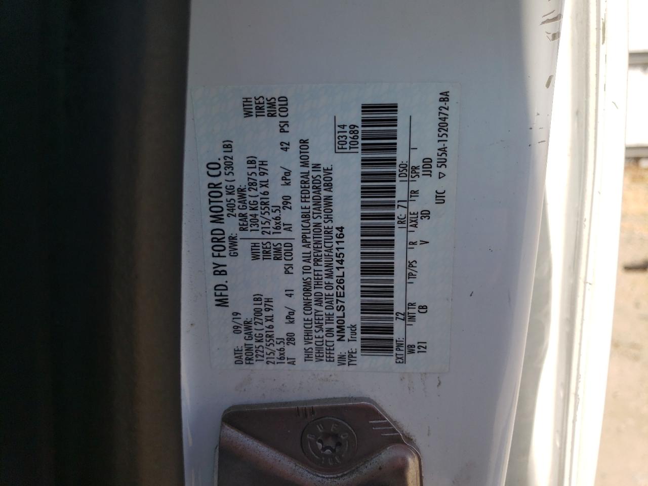2020 Ford Transit Connect Xl VIN: NM0LS7E26L1451164 Lot: 84524355