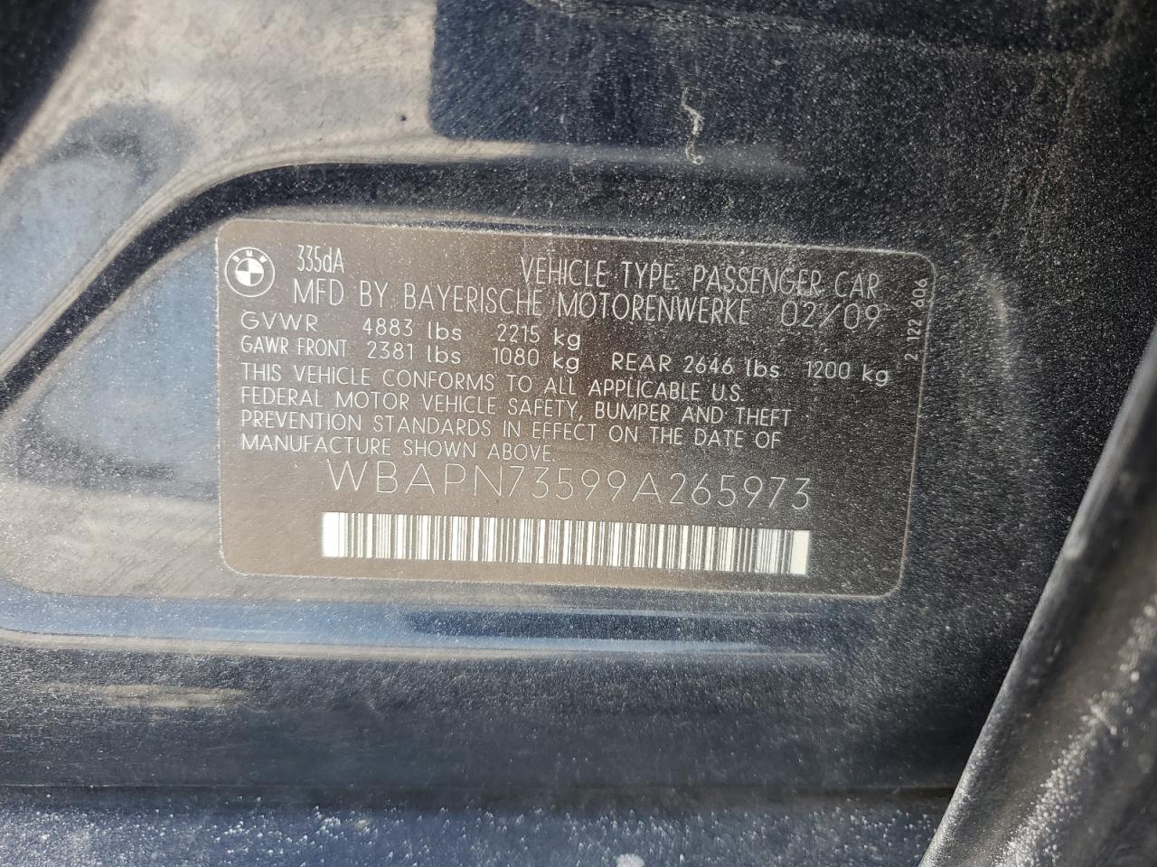 2009 BMW 335 D VIN: WBAPN73599A265973 Lot: 71021465